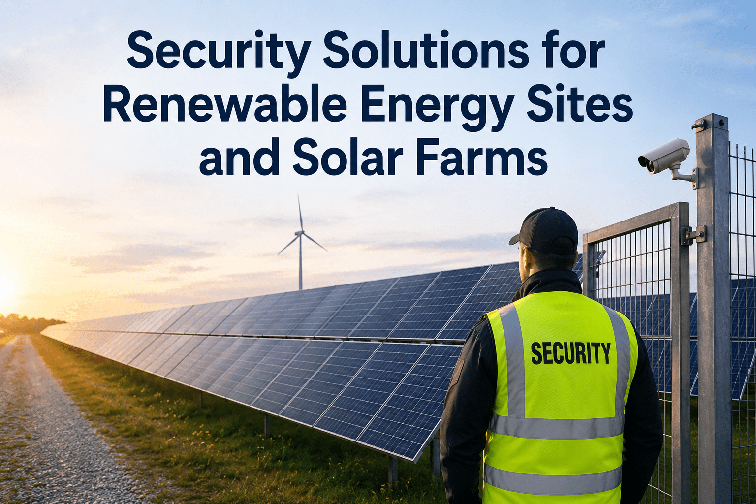 Security officer monitoring a solar farm with renewable energy infrastructure and perimeter security systems.