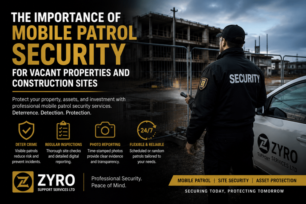 Mobile patrol security officer inspecting a vacant property and construction site in the UK.