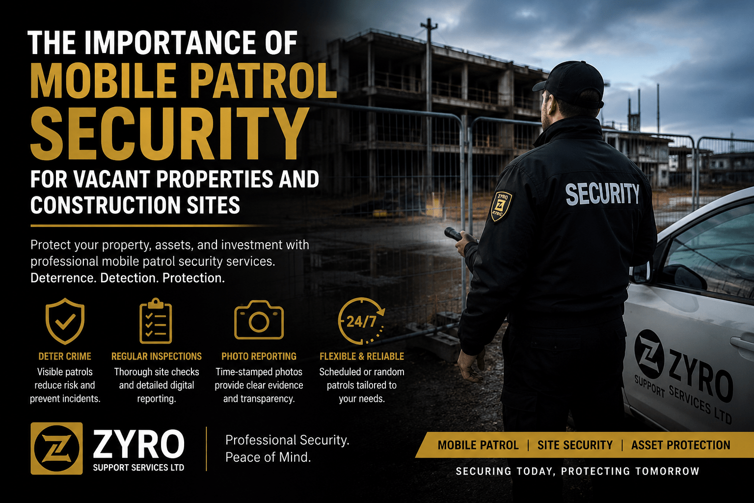 Mobile patrol security officer inspecting a vacant property and construction site in the UK.